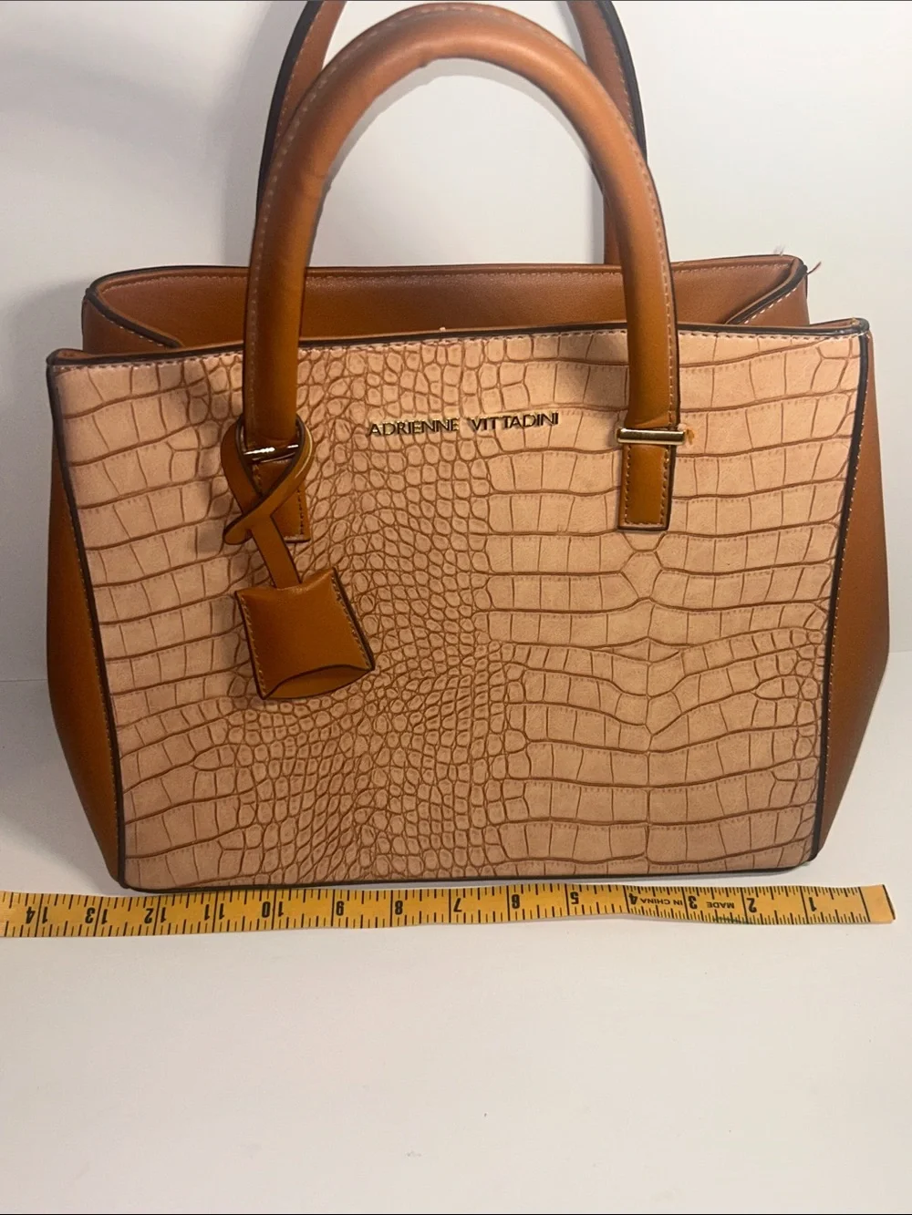 Adrienne Vittadini Tan Croc-Embossed Satchel with Cognac Trim